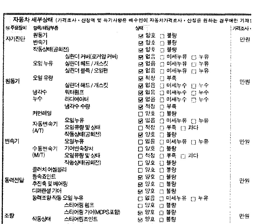 성능점검기록부 세부상태 원동기 오일누유 없음 표기