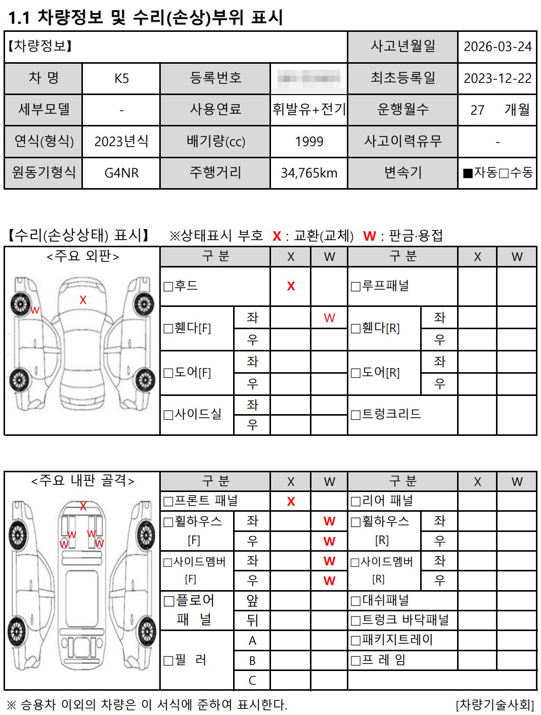 K5 하이브리드 격락손해 평가서 수리 손상 부위 표시