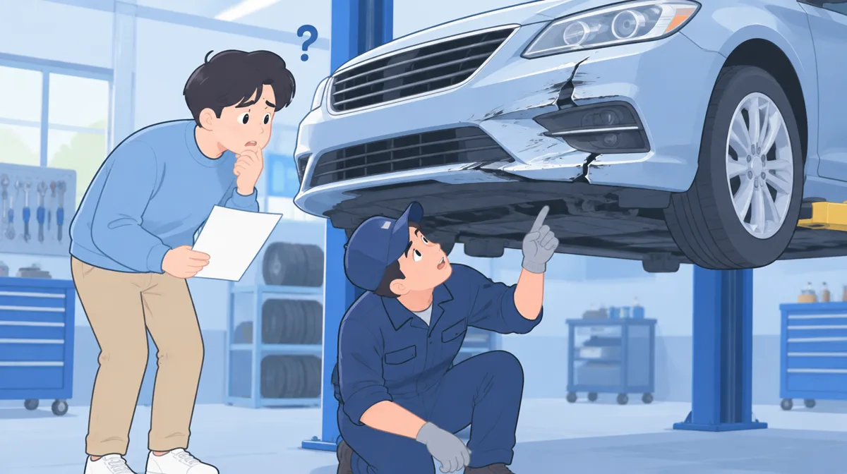 대물 미수선 처리 전 공업사에서 사고 차량과 견적서를 확인하는 차주