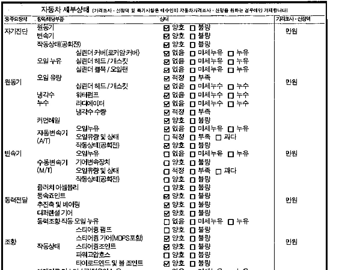 성능점검기록부 세부상태 동력전달 등속조인트 양호 표기