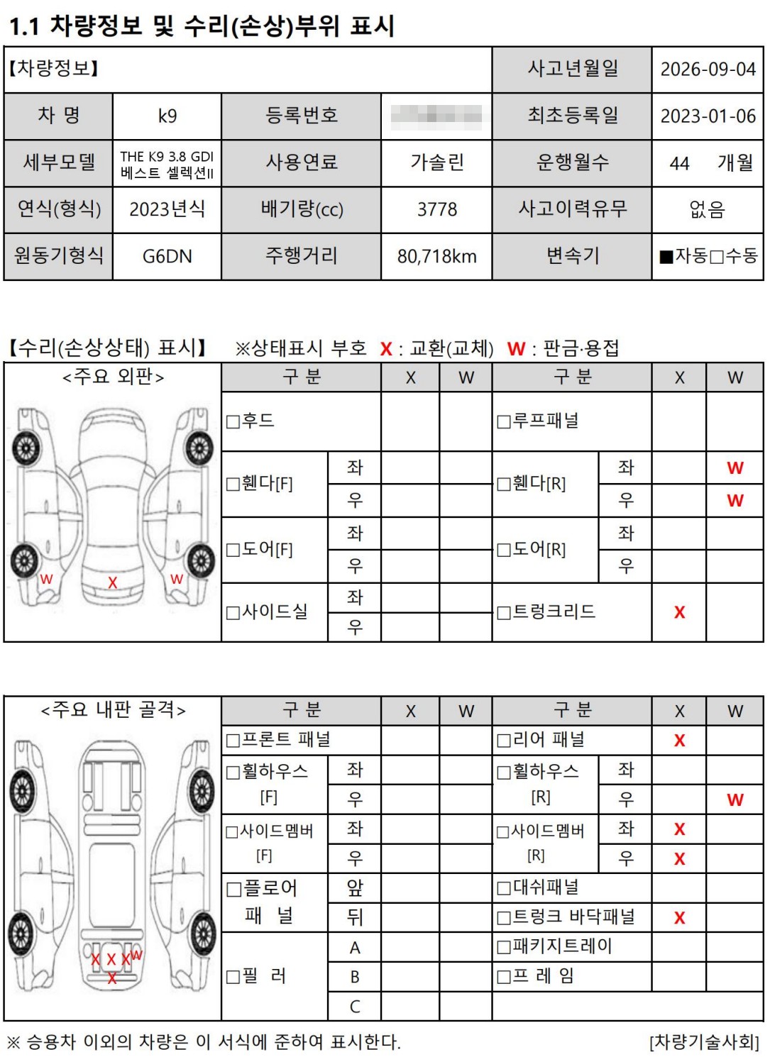 K9 격락손해 평가서 수리 손상 부위 표시
