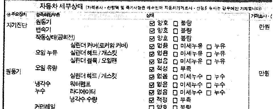 성능점검기록부 세부상태 냉각수 누수 워터펌프 없음 표기