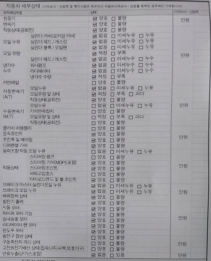 성능점검기록부 세부상태 조향 타이로드엔드 양호 표기