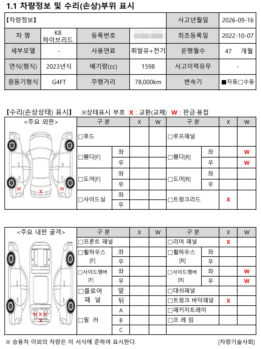 K8 하이브리드 격락손해 평가서 수리 손상 부위 표시