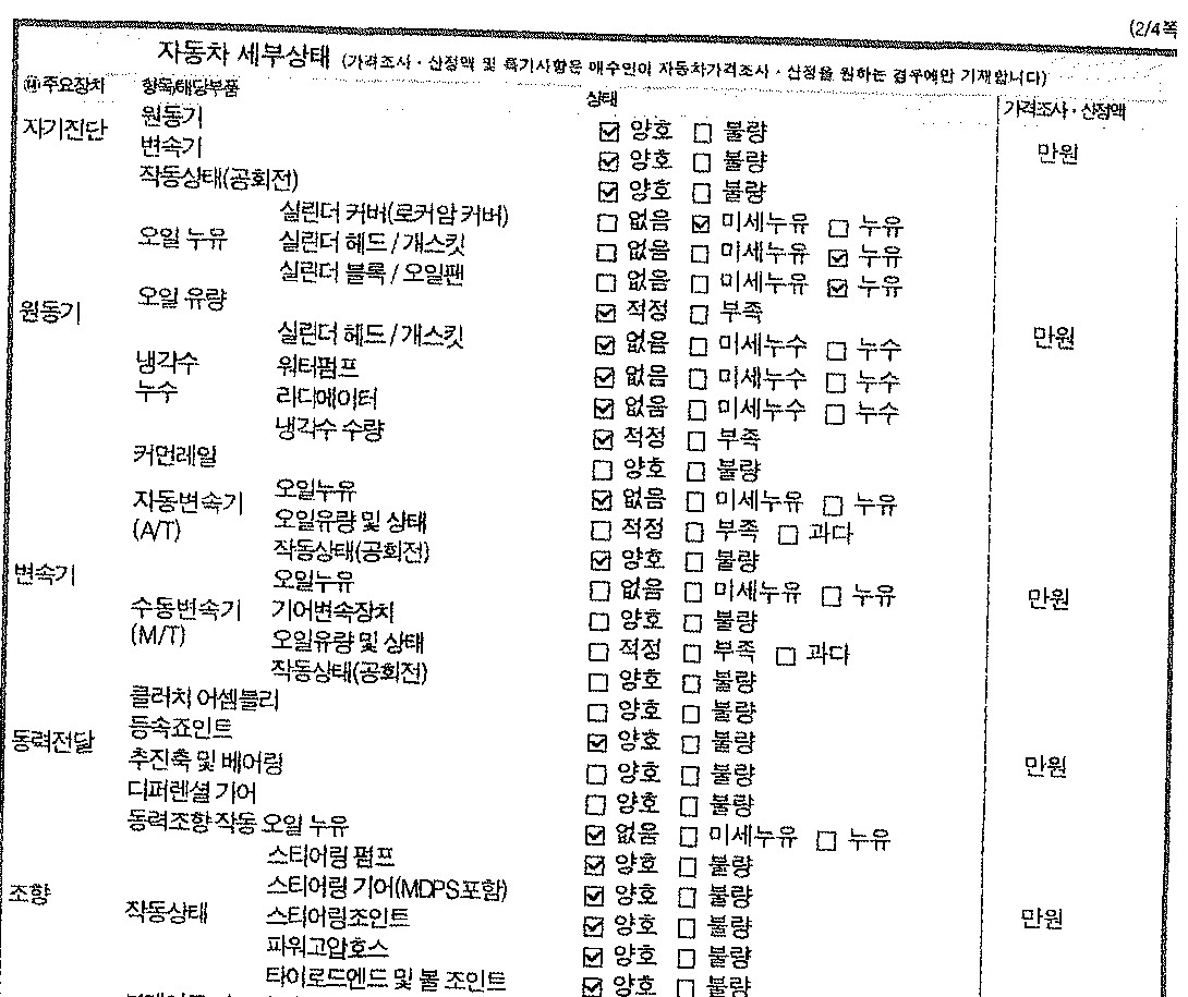 성능점검기록부 세부상태 등속조인트 스티어링 기어 양호 표기
