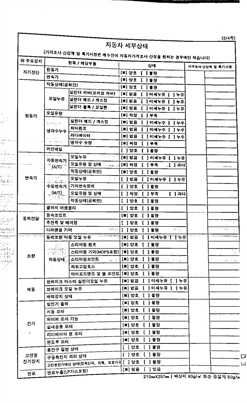성능점검기록부 세부상태 원동기 변속기 누유 없음 표기