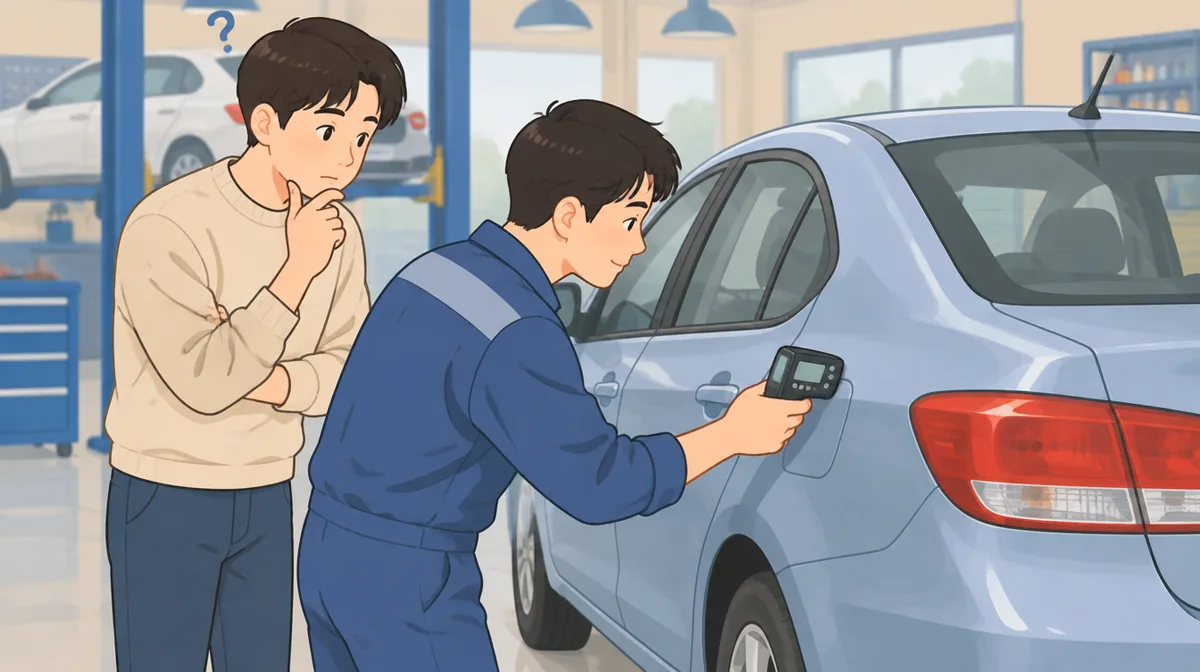 중고차 사고이력 숨김을 도막두께 측정으로 확인하는 장면
