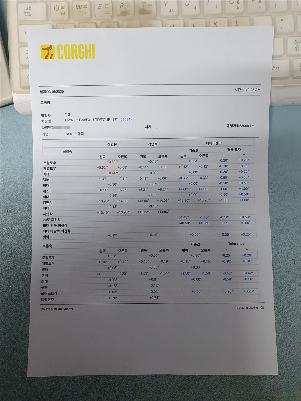 휠 얼라이먼트 작업 전후 결과표