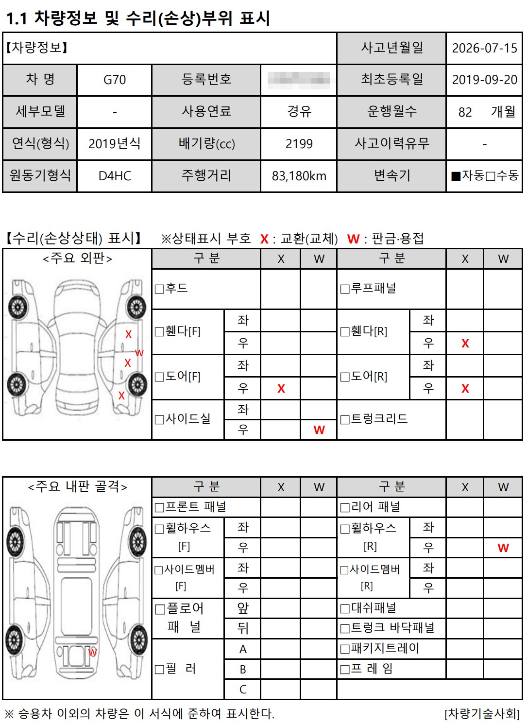 G70 격락손해 평가서 수리 손상 부위 표시