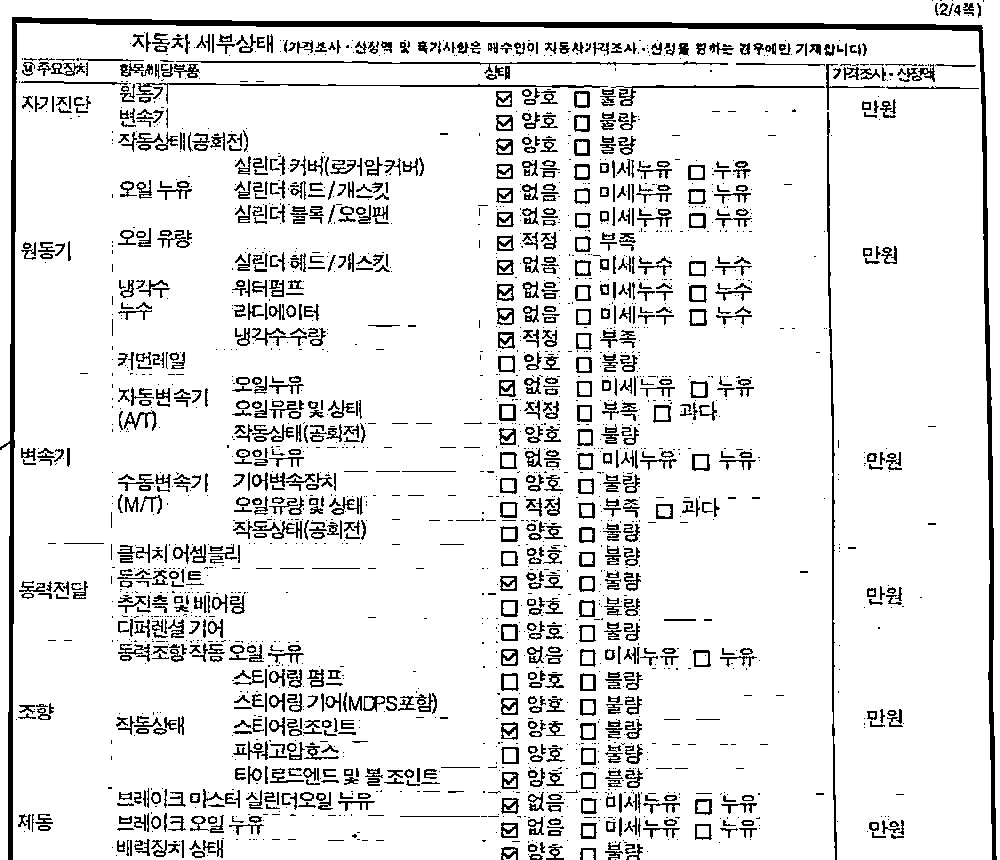 성능점검기록부 세부상태 엔진 오일누유 없음 스티어링 양호 표기